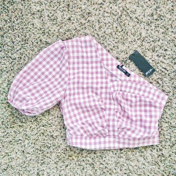 NWT Nasty Gal Pink Gingham One Shoulder Crop Top - Picture 4 of 7